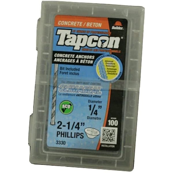 Tapcon 1/4-inch x 2-1/4-inch Climaseal Blue Flat Head Phillips Concrete Screw Anchors w/Drill Bit, 100PK 3330 - main